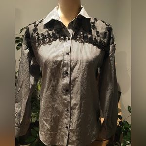 Zara Basic Striped Button Up Blouse Top Lace Shoulder Accent Boho XS New w/tag